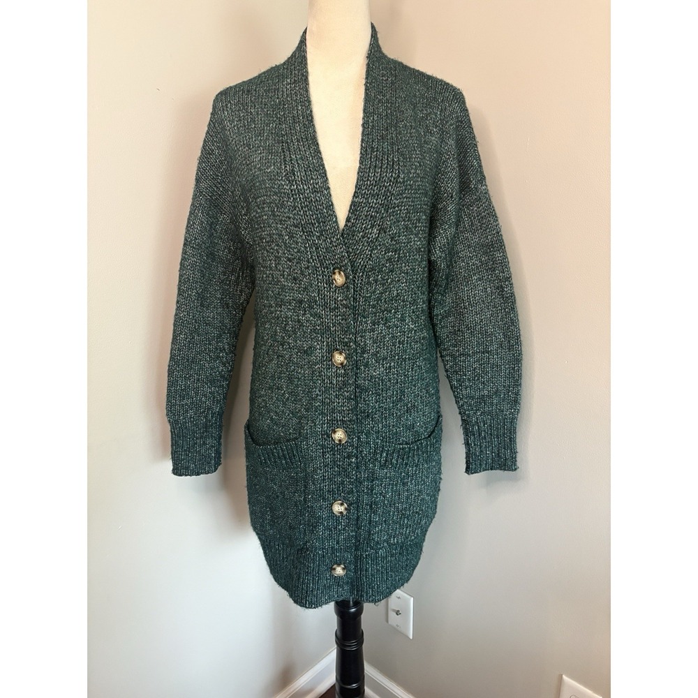 Country Road Italian Yarn Alpaca Wool Long Cardigan Sweater Green Button Up S